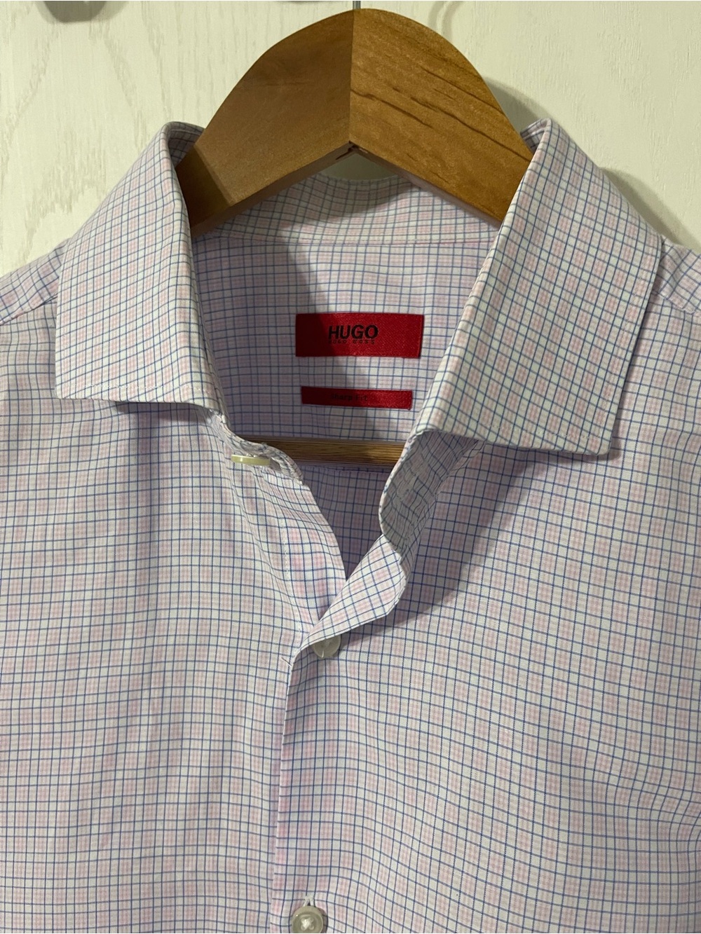 HUGO White Cotton Dress Shirt with Pink and Blue Windowpane Check